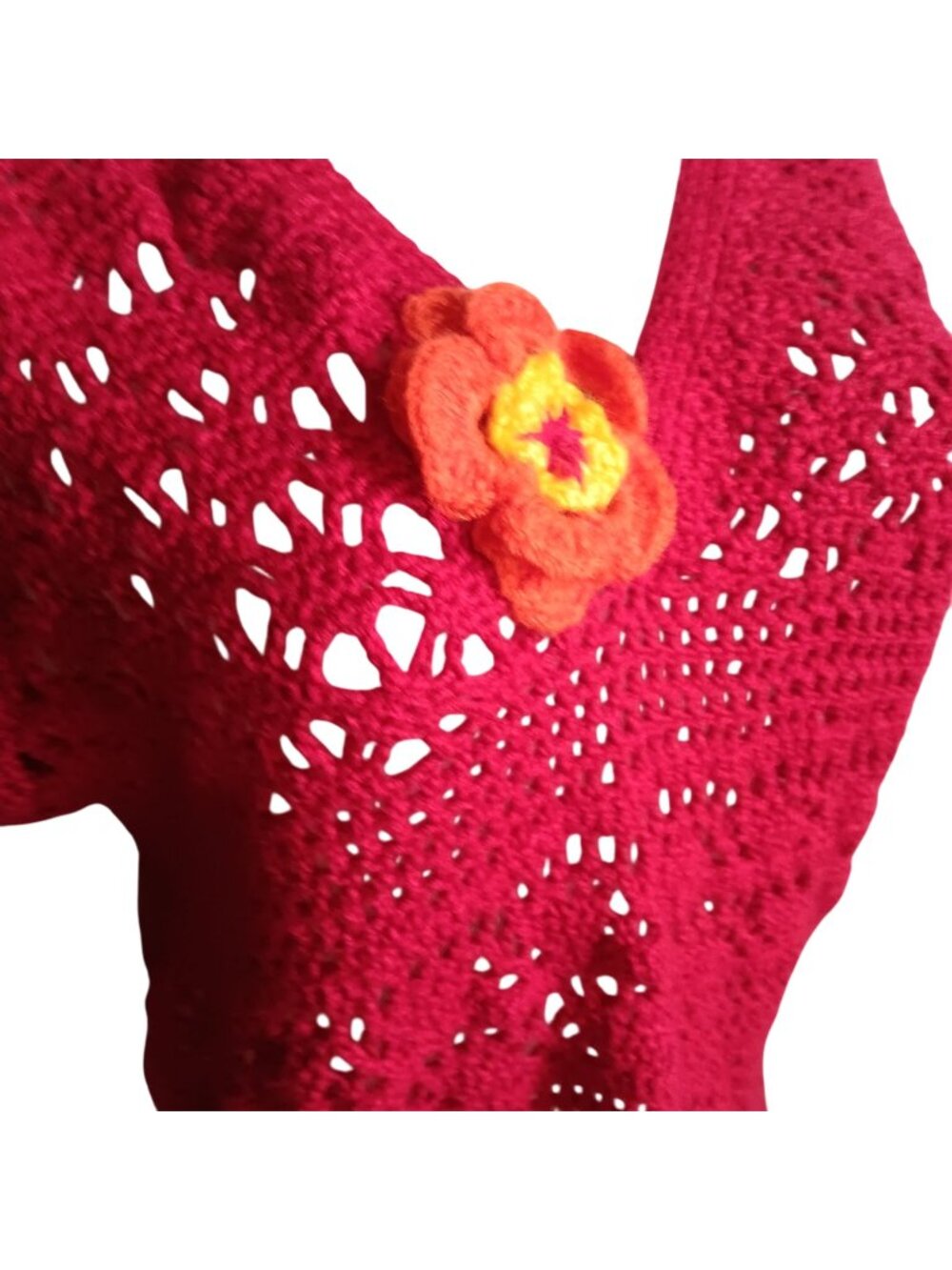 Medium Women's Crochet Top Handmade 1OF1 Vintage 1970's Red Floral Embellishment